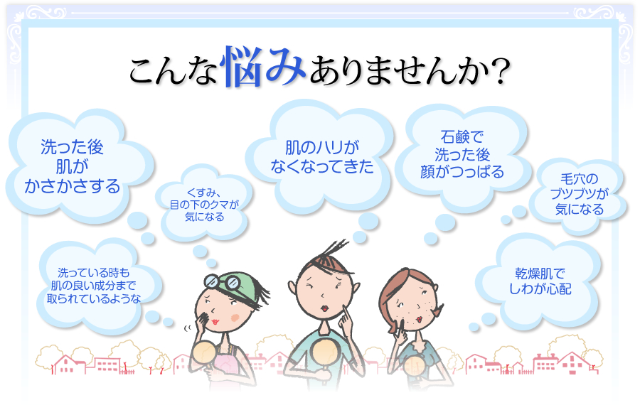 こんな悩みありませんか？　・洗った後肌がかさかさする・くすみ、目の下のクマが気になる・洗っている時も肌の良い成分まで取られているような・肌のハリがなくなってきた・石鹸で洗った後顔がつっぱる・毛穴のブツブツが気になる・乾燥肌でしわが心配