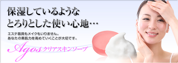 保湿しているようなとろりとした使い心地…
				エステ器具もメイクもいりません。あなたの素肌力を高めていくことが大切です。
				Agosクリアスキンソープ